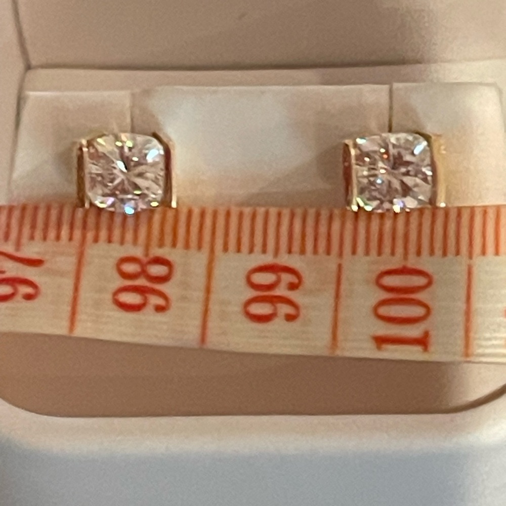 Fine Custom Made Cushion Cut Moissanite Earrings Solid 14K Yellow Gold - Picture 8 of 12